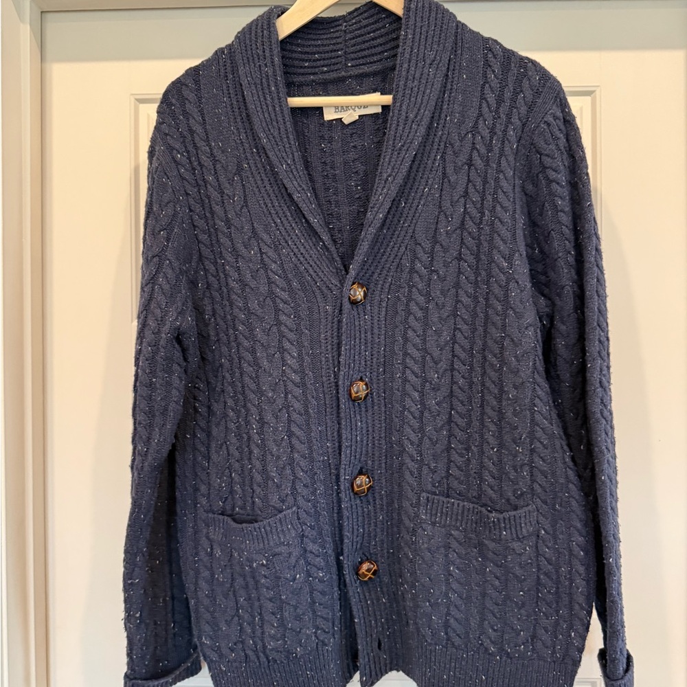 Barque Flecked Navy Blue Cable Knit Shawl Cardigan Sweater